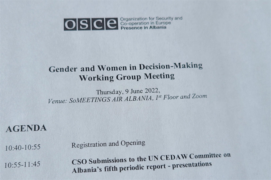 [ai] A printed agenda for the 'Gender and Women in Decision-Making Working Group Meeting' by OSCE, dated June 9, 2022. The agenda outlines a registration and opening period, and a segment for CSO submissions to the UN CEDAW Committee.